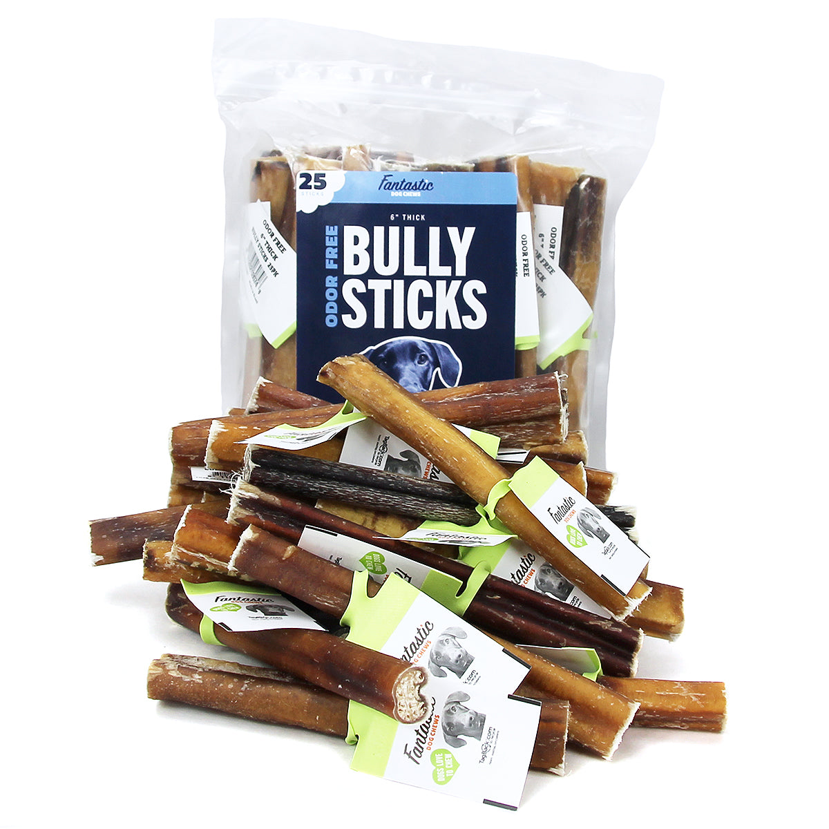 6" Thick Odor Free Bully Sticks - 25 Pack Bulk